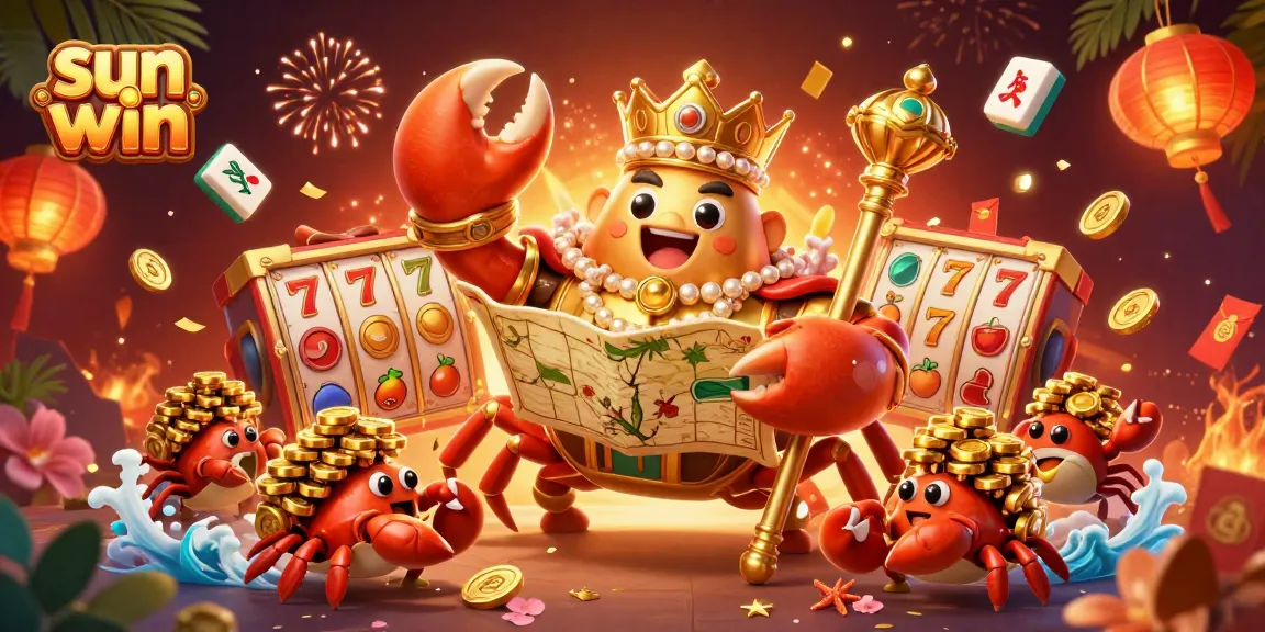 Experience sun win with vibrant 3D casino illustration featuring a golden crab emperor amidst dynamic gaming elements.