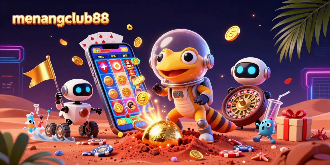 Experience excitement with menangclub88 as a Martian gecko explores a golden casino in an alien landscape.