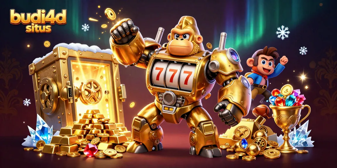 Experience the thrill of budi4d situs with a vibrant 3D illustration featuring a golden mech and treasure elements.
