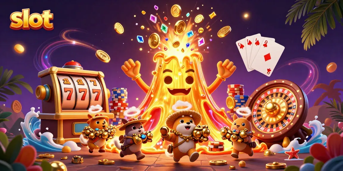Putaran slot penuh warna dengan semburan koin dan grafis menarik dari mesin slot yang berputar.