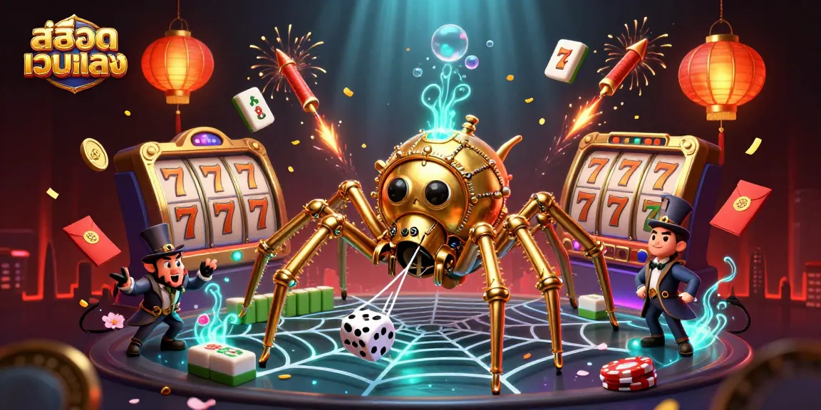 Experience the excitement of สล็อตเว็บตรง with vivid 3D illustration featuring dynamic slot reels and a steampunk spider.