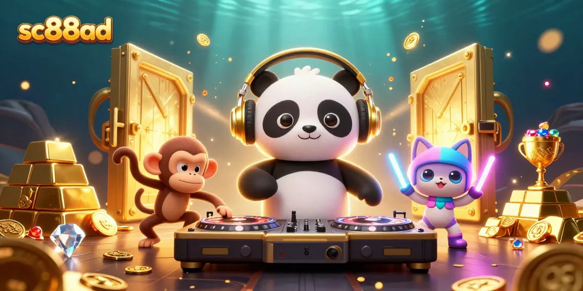 Spin jackpot reels with sc88ad's DJ panda in a vibrant casino world, showcasing dynamic elements.