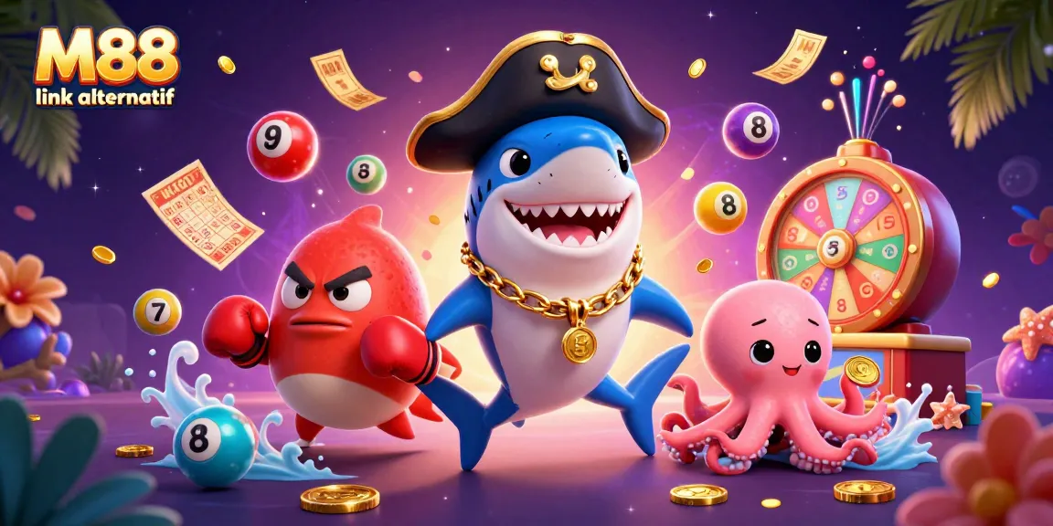 Win big with M88 link alternatif as colorful characters celebrate vibrant lottery games in a dynamic casino scene.