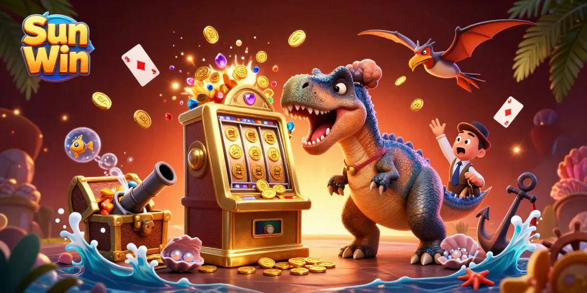 Sun Win casino illustration with dinosaur characters winning jackpots and collecting coins