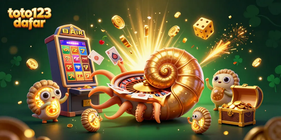 Toto123 daftar captures an ancient giant nautilus with a roulette shell and glowing ammonite fossils amidst vibrant casino elements.