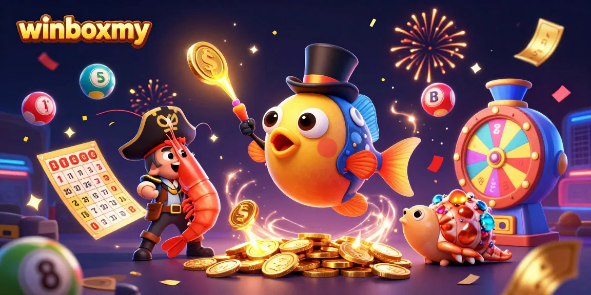 Engage with winboxmy in a vibrant online casino scene filled with fun lottery elements and celebratory effects.