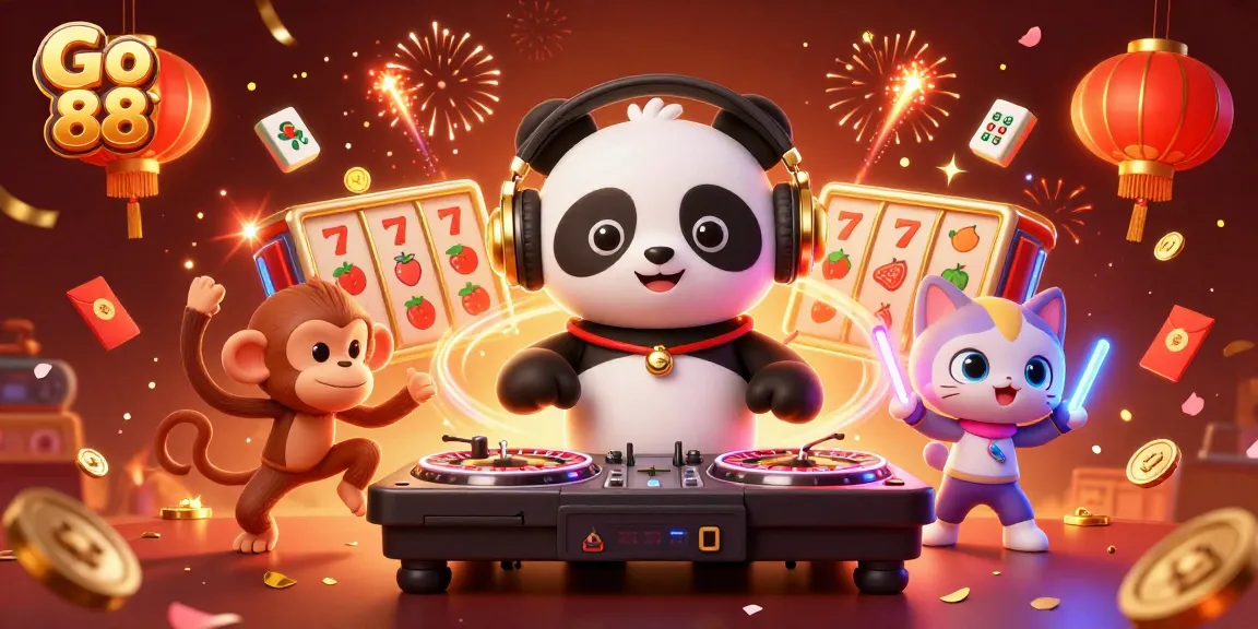 Go 88 DJ panda spins roulette wheels while a breakdancing monkey and glowing kitten celebrate with colorful gaming elements.