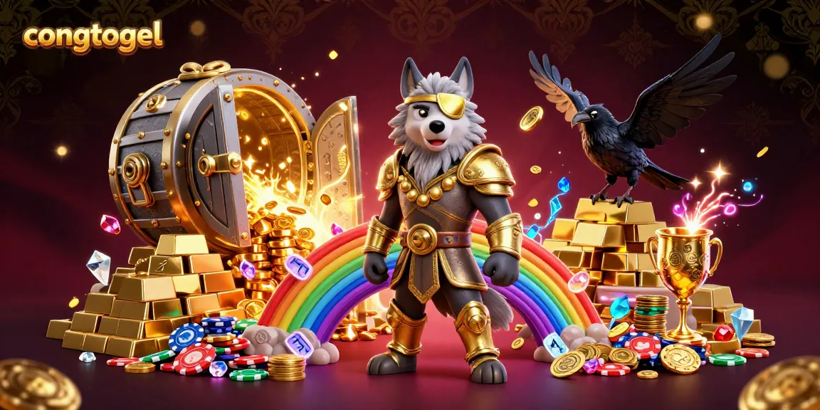 Engage with congtogel's colorful casino scene showcasing a gaming experience with Odin and ravens among treasures and shimmering elements.