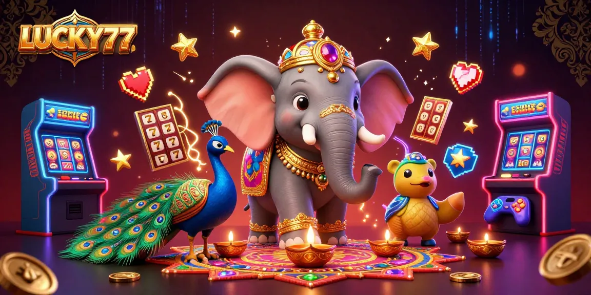 LUCKY77 brings you vibrant casino thrills with a dynamic 3D illustration featuring an elephant.